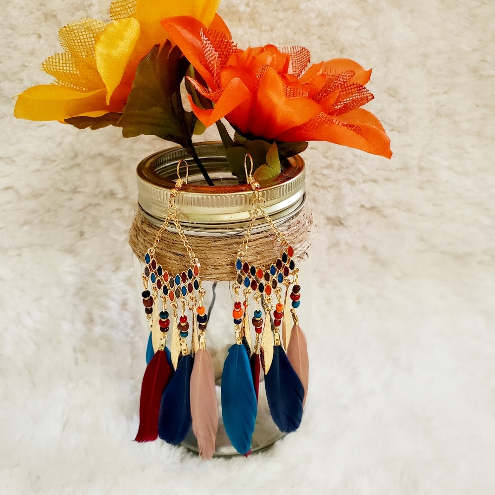 2/$14 Boho Tassel Beaded Feather Earrings